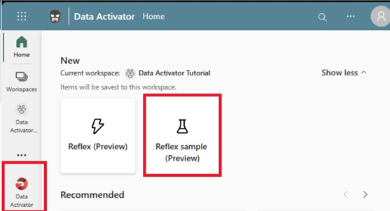 Screenshot showing Data Activator selected as well as the Reflex sample preview.