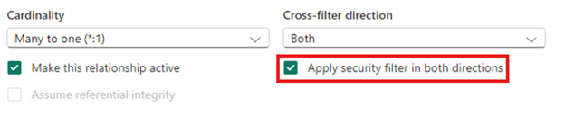 Screenshot of the model relationship setting to apply security filter in both directions.