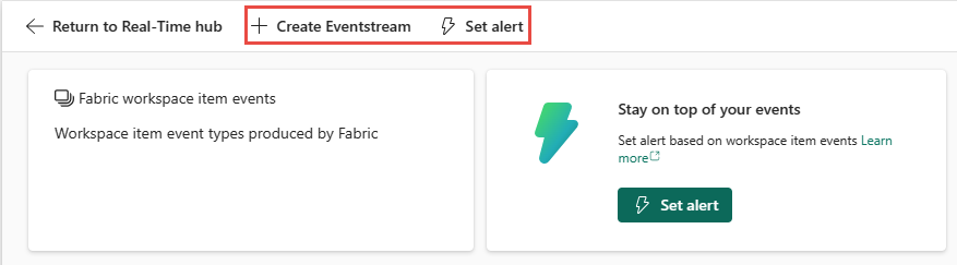 Screenshot that shows actions on the Fabric workspace item events detail page.