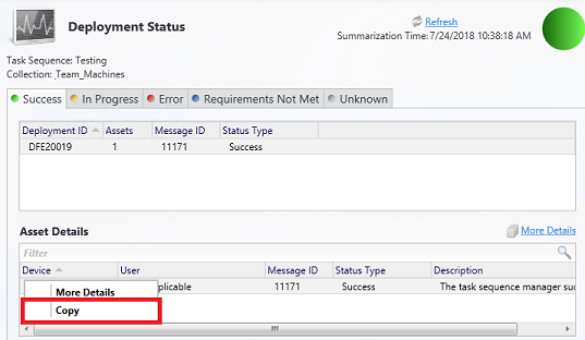 Deployment Status view, copy asset details