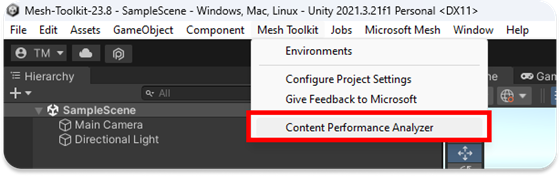Accessing the Content Performance Analyzer through the Unity menu