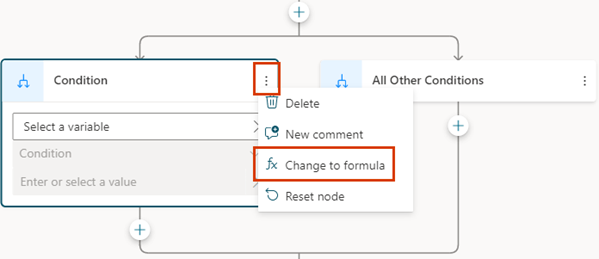 Screenshot of a Condition node with the Node Menu icon and Change to formula highlighted.