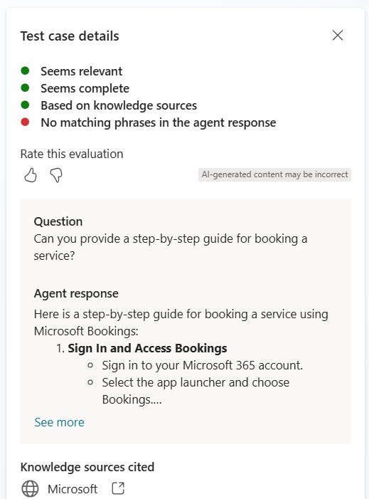 Screenshot showing the detailed result and evaluation of a test case.