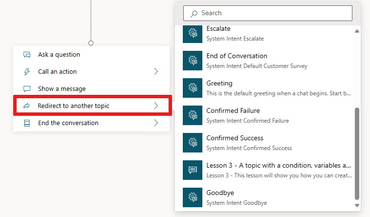 Screenshot showing redirection to another topic node with options for other topics.
