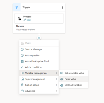 Screenshot of adding a node, selecting variable management, then parse value.