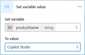 Screenshot showing the use of a literal value for a variable named productName.