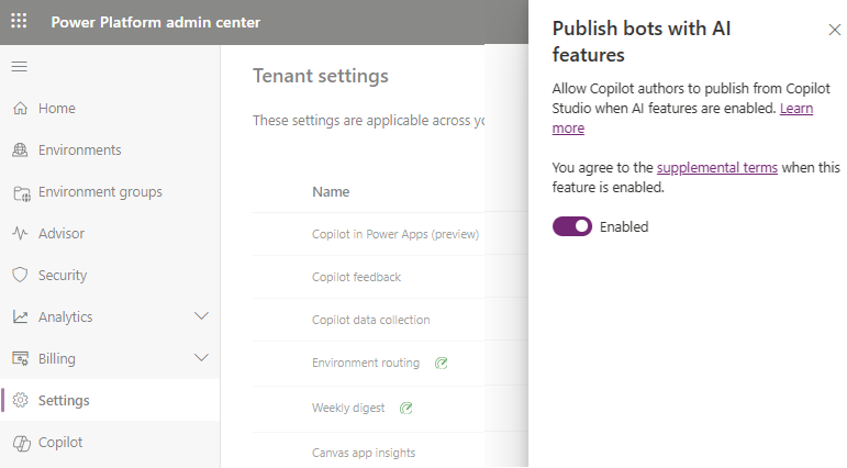 Screenshot of the Power Platform admin center with the option to diable publishing enabled.