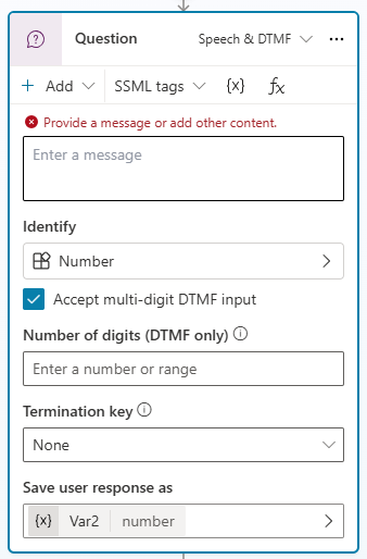 Screenshot of the number of digits (DTMF only) option shown on a question node.