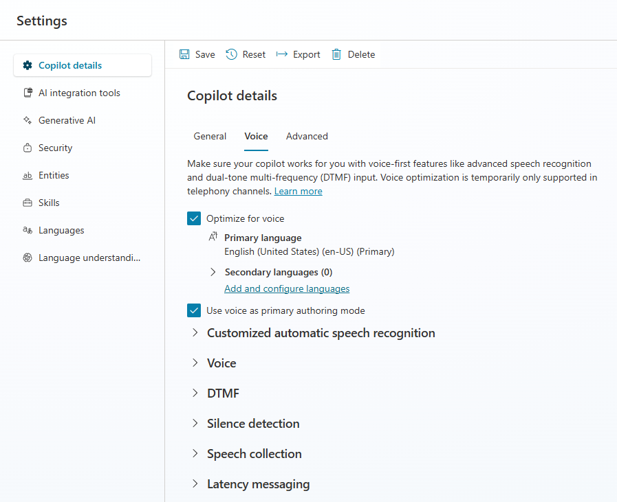 Screenshot of Copilot details settings with the Voice tab in focus and both checkboxes selected.