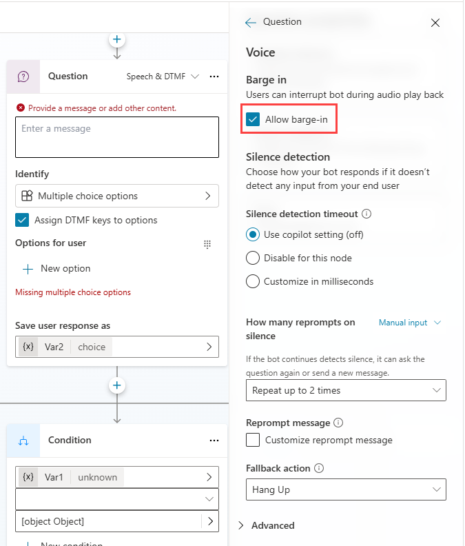 Screenshot of the question node allow barge-in option.