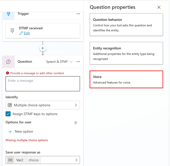 Screenshot of the location of the voice properties option of a question node.