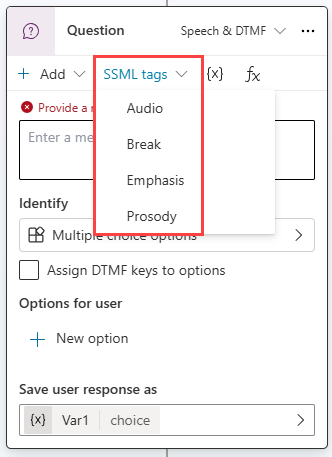 Screenshot of the SSML tags option selected on a question node.