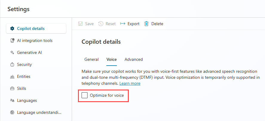 Screenshot of the Copilot details settings, displaying the Voice tab with the Optimize for voice setting highlighted.