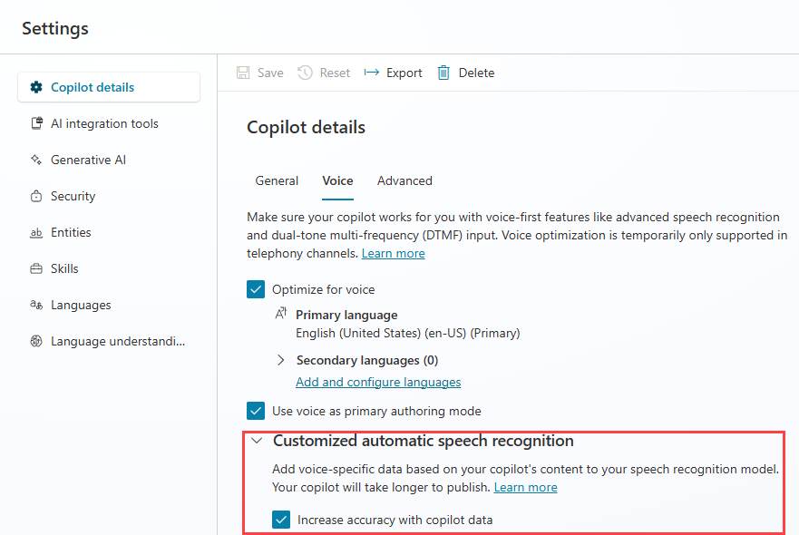 The Copilot details settings page with the Voice tab selected, highlighting the Customized automatic speech recognition setting.