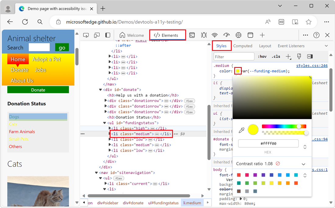 The Color Picker, opened in the Styles tab, next to the color property of the element
