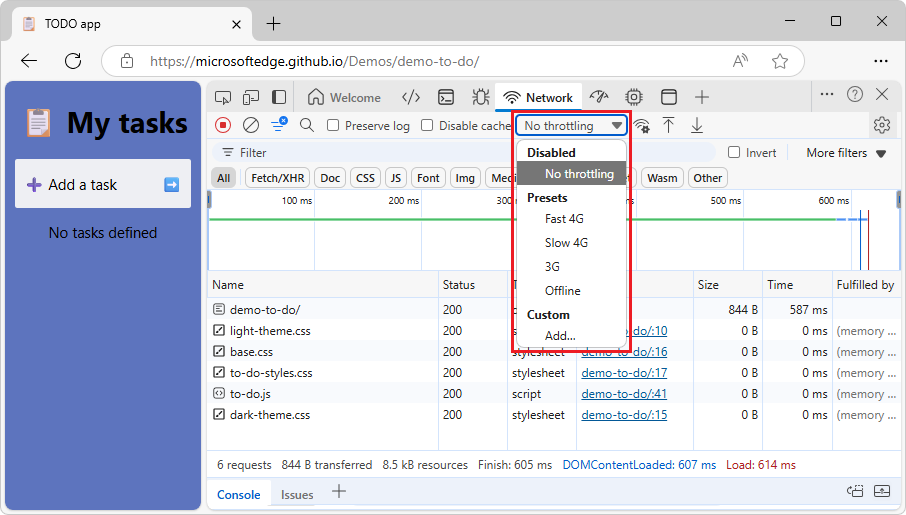 The Throttling dropdown menu
