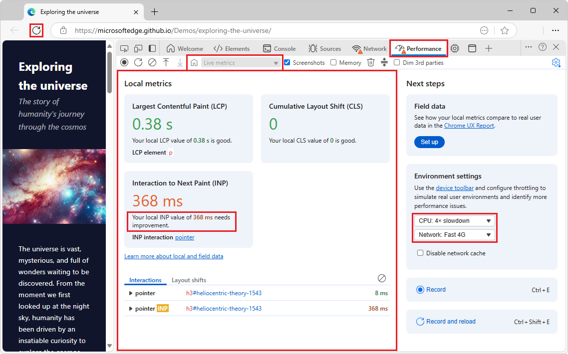 The Performance tool home page showing Local metrics