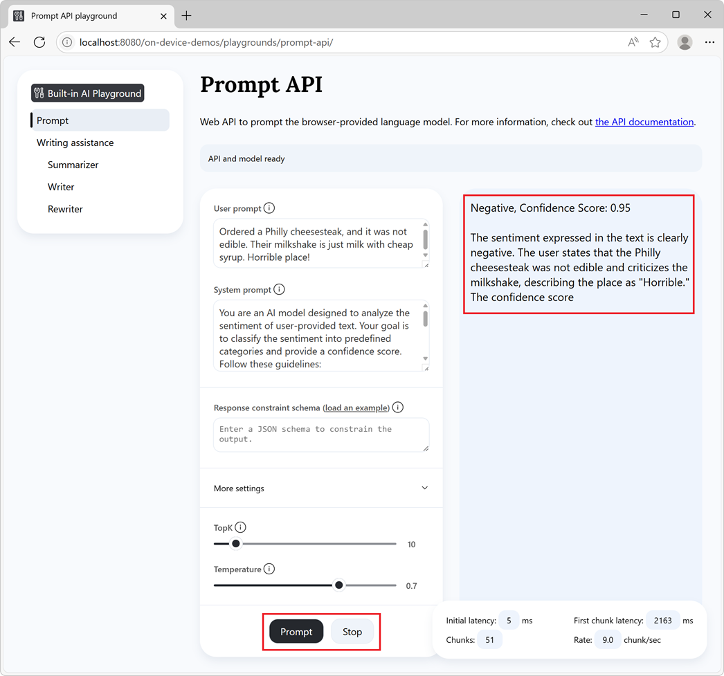 The Prompt demo page with settings and a Prompt button