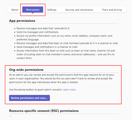 Screenshot showing the option to grant consent to Graph permissions requested an app.