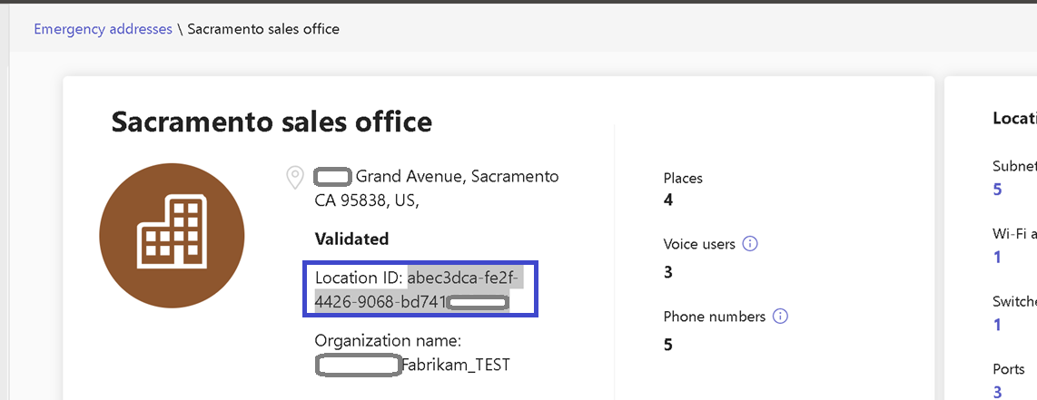 Screenshot showing where to find the location ID for an emergency calling location in Teams admin center.