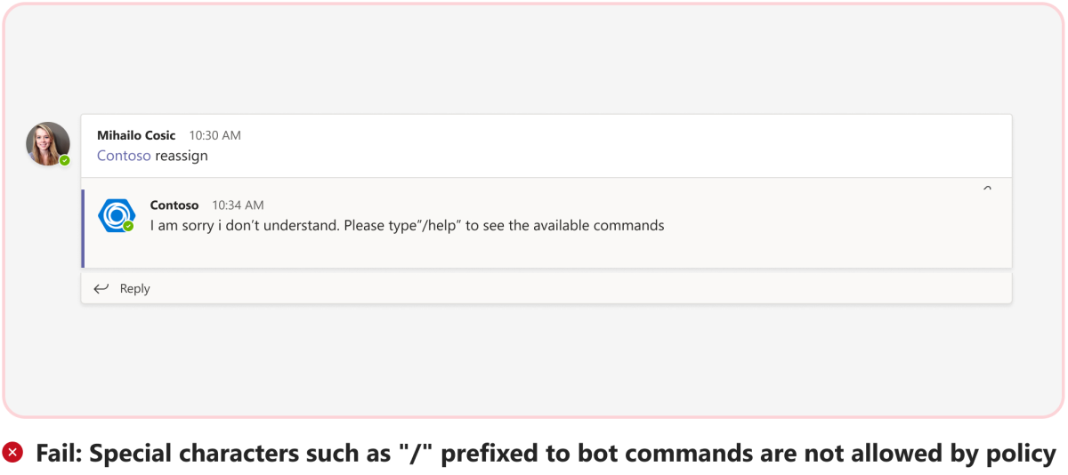 Graphic shows an example of a failed scenario where special characters are prefixed to bot commands.