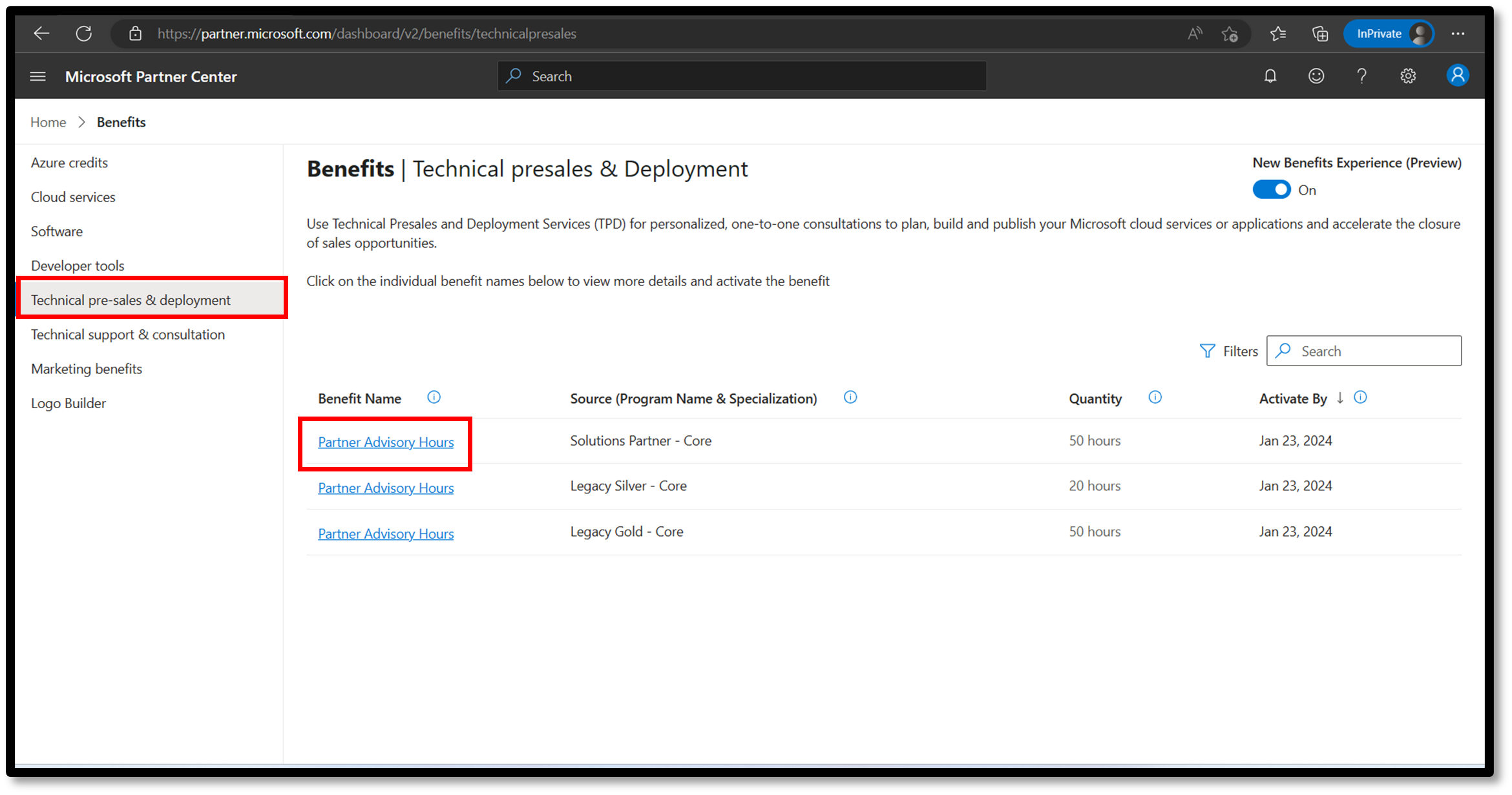 Screenshot of technical presales and deployment benefits partner advisory hours option.