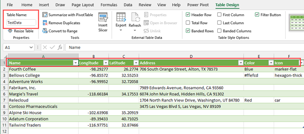 Зразок файлу excel із таблицею під назвою TestData, у якій містяться стовпці Ім’я, Довгота та Широта.