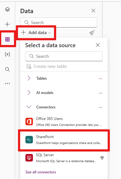 скріншот, де можна підключитися до списку SharePoint через меню Data, Add data та Connectors.
