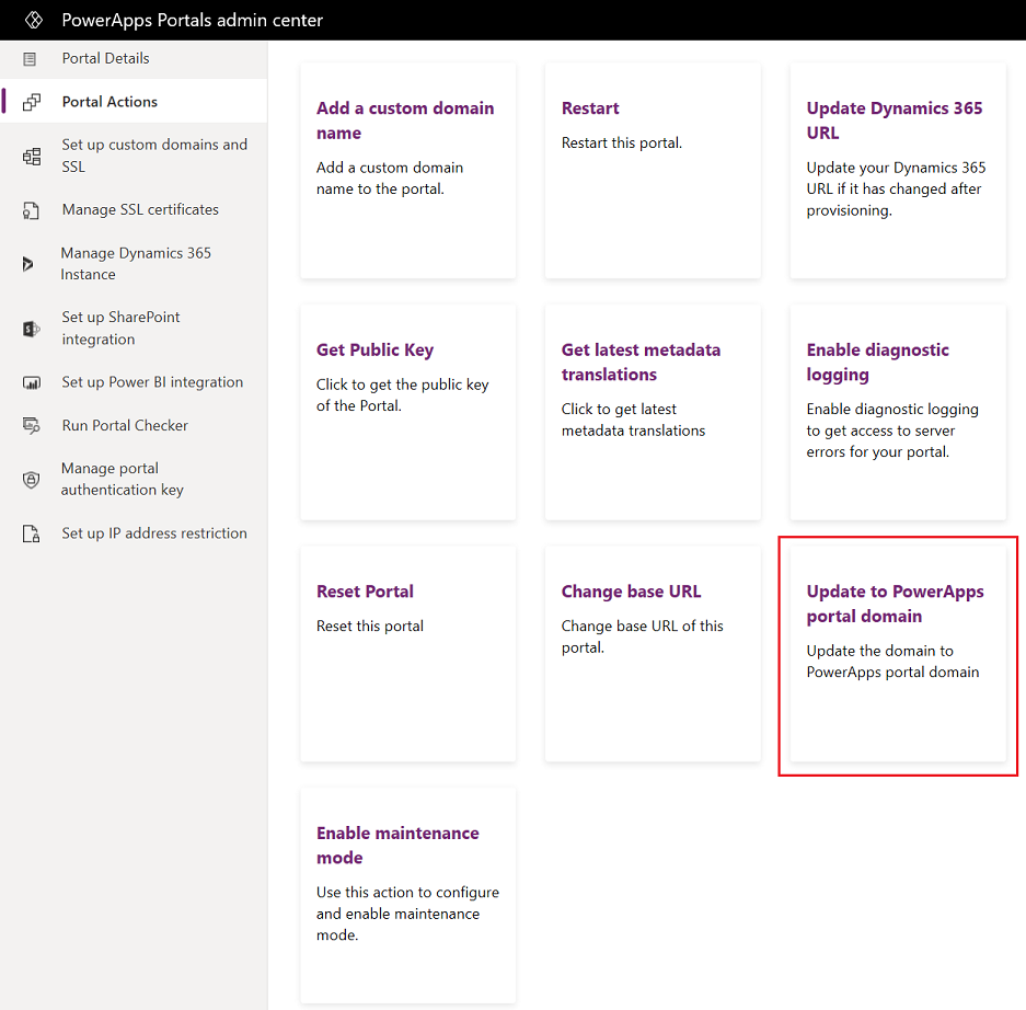Оновити до домену порталу Power Apps — дії з порталом.