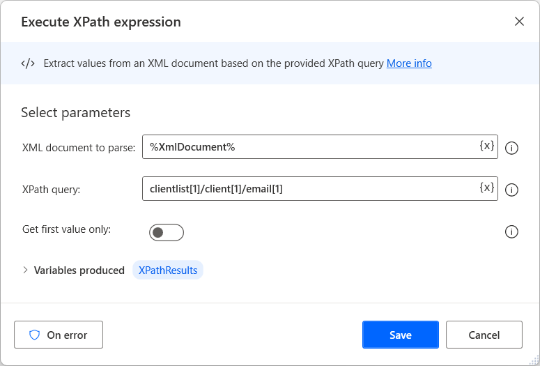 Скріншот дії Виконати XPath вираз.