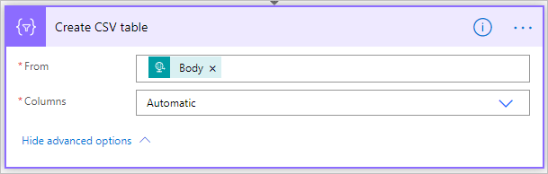 Скріншот налаштування дії Створити таблицю CSV. Для параметра From встановлено значення Body, а для параметра Columns (Стовпці) встановлено значення Automatic.