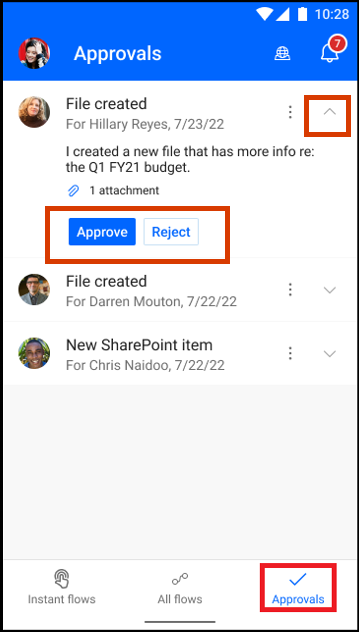 Знімок екрана: запити на затвердження в мобільній Power Automate програмі з кнопками 