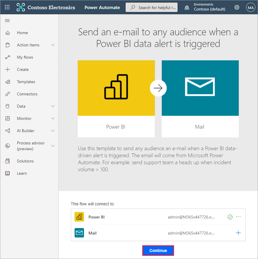 Screenshot of the Power Automate Power BI to mail option.