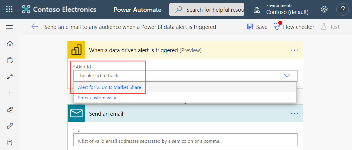 Screenshot of the Alert ID dropdown showing available Power BI data alerts.