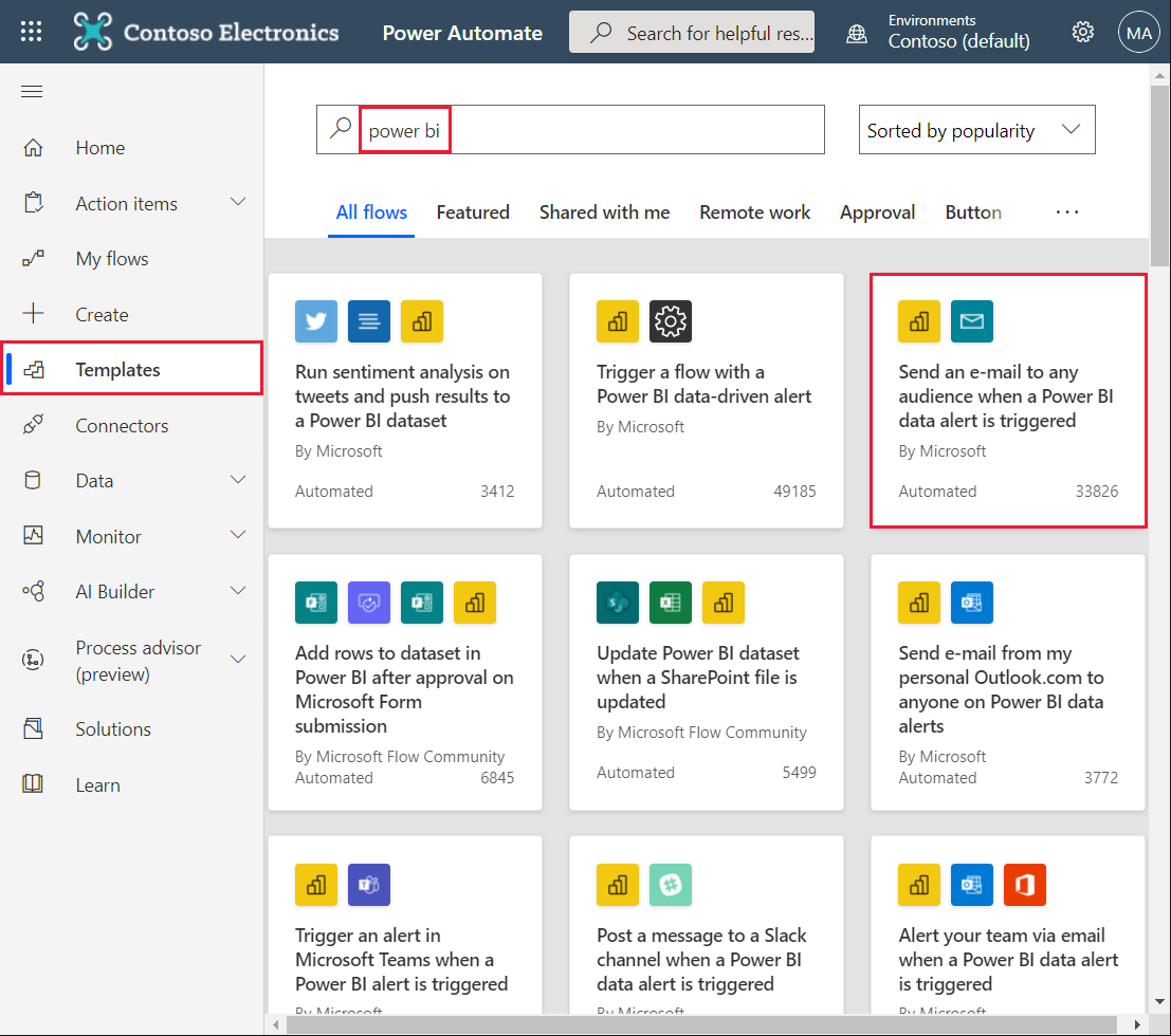 Screenshot of the Power Automate Send an e-mail to any audience when a Power BI data alert is triggered template.
