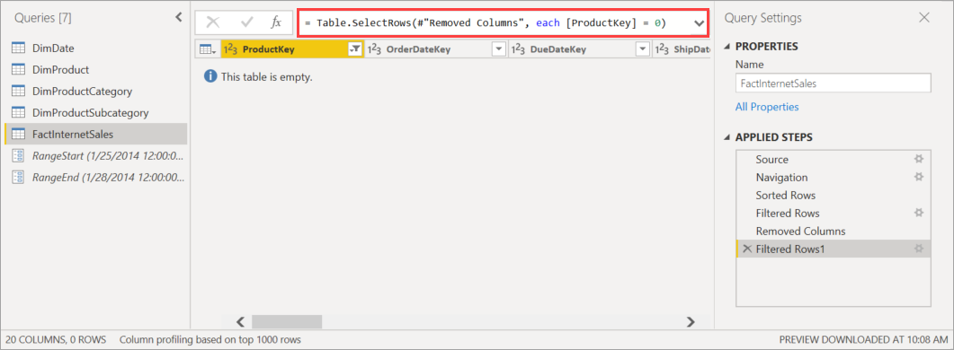 Screenshot shows the Power Query Editor with code that filters out the product key.