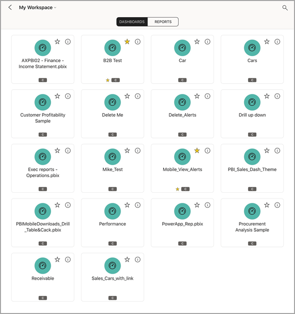 Screenshot shows an iPad screen with My Workspace with DASHBOARDS selected.