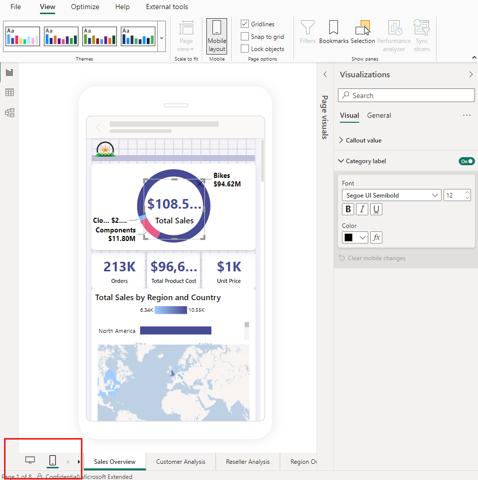 Screenshot showing the mobile report layout switcher.