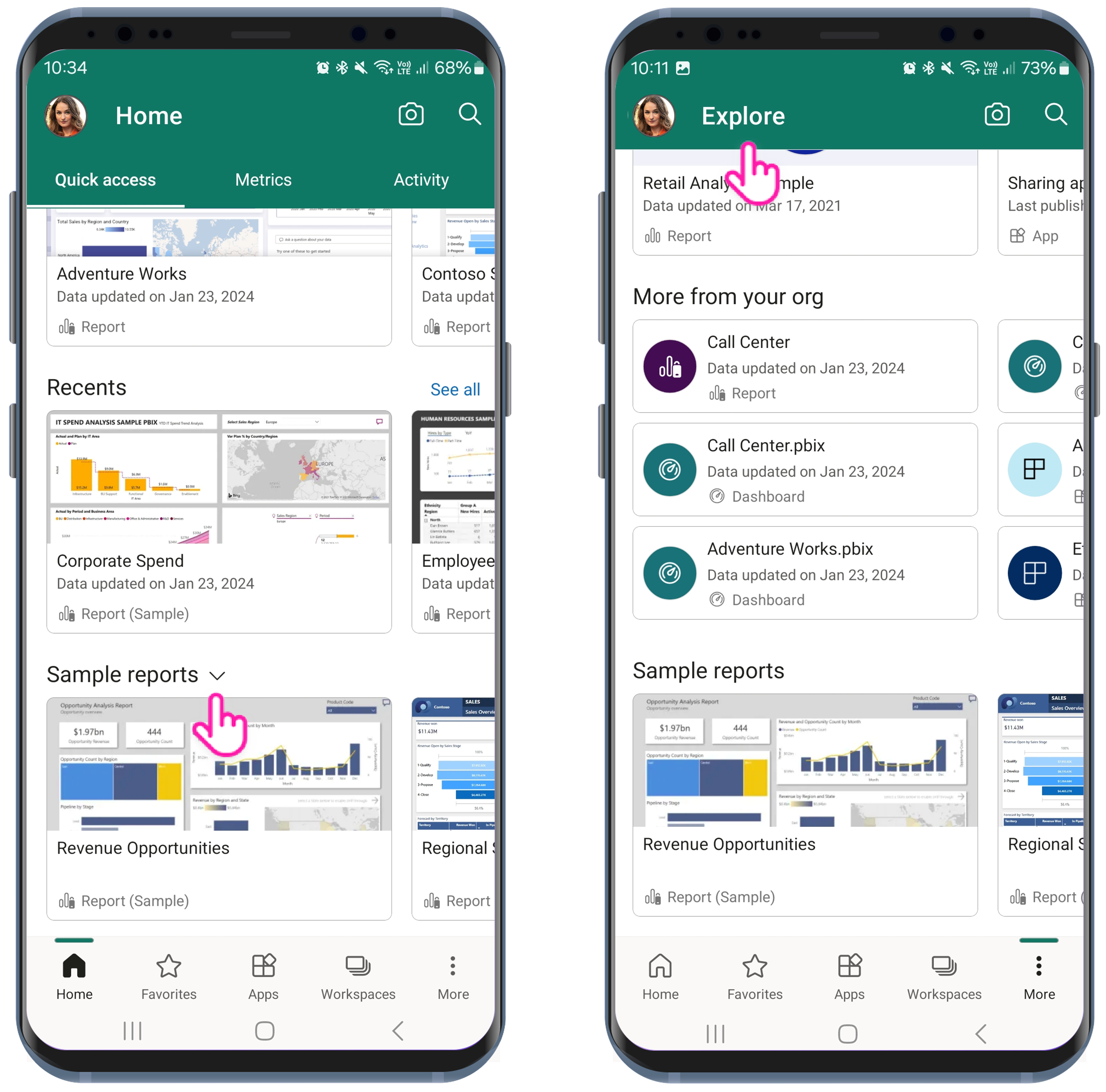 Screenshot showing downloadable sample reports on the mobile Home and Explore pages.