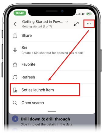 Screenshot of the Set as launch item option on a report in the Power BI mobile app.