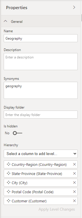 Screenshot of Hierarchy Properties pane.