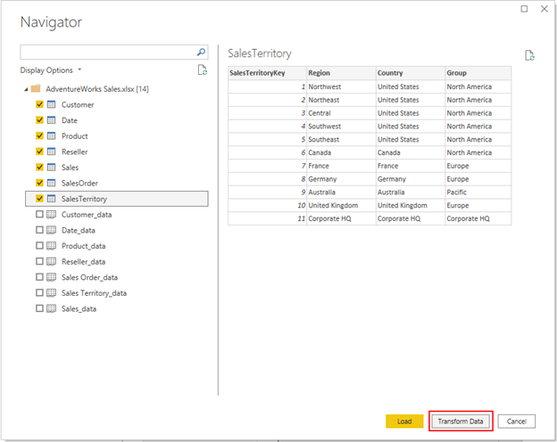 Screenshot of Load tables in Navigator.