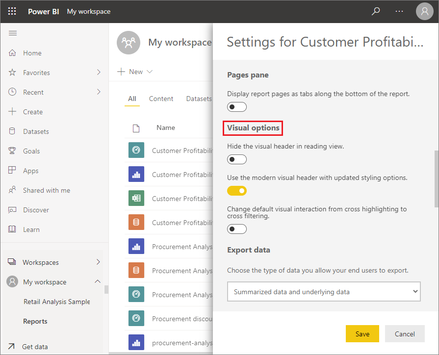 Screenshot of the settings for a report in the Power BI service.