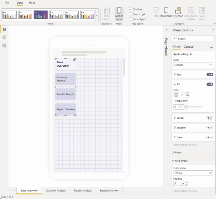 Screenshot of changing the grid orientation in mobile layout view.