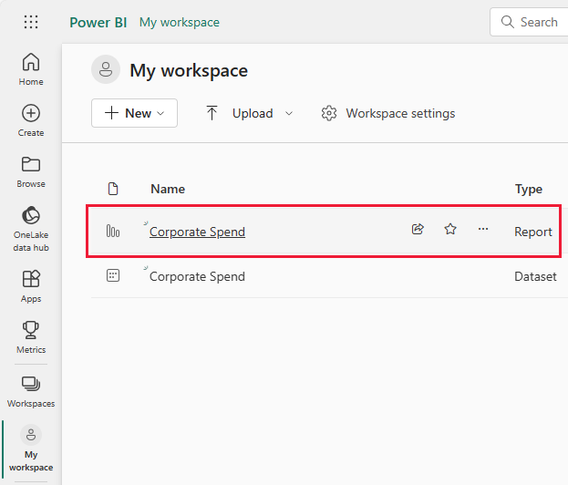 Screenshot shows the Corporate Spend sample report and semantic model links.