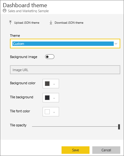Screenshot of the Dashboard theme dialog box with the Custom theme option selected.