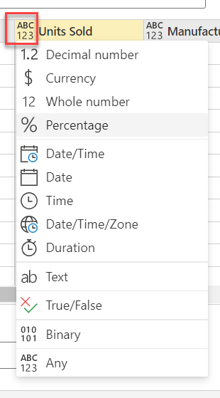 Screenshot showing the Data type options for a column.