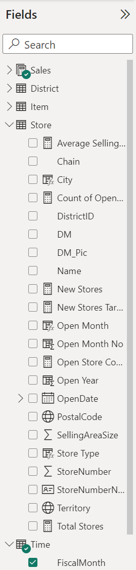 Screenshot of the Fields pane with example selections.