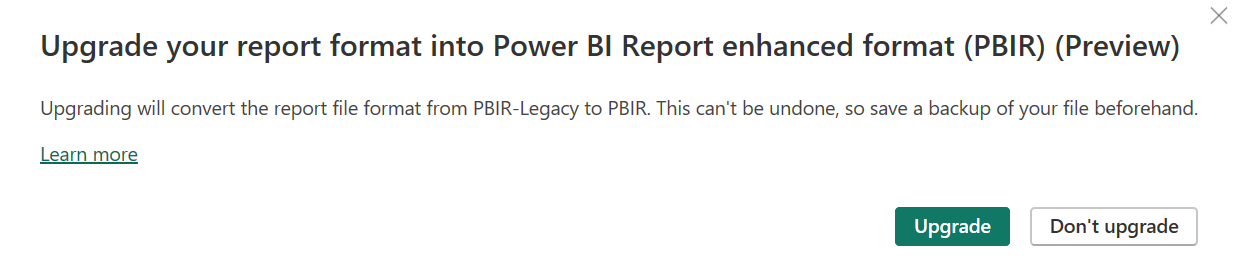 Screenshot of prompt to upgrade to PBIR.