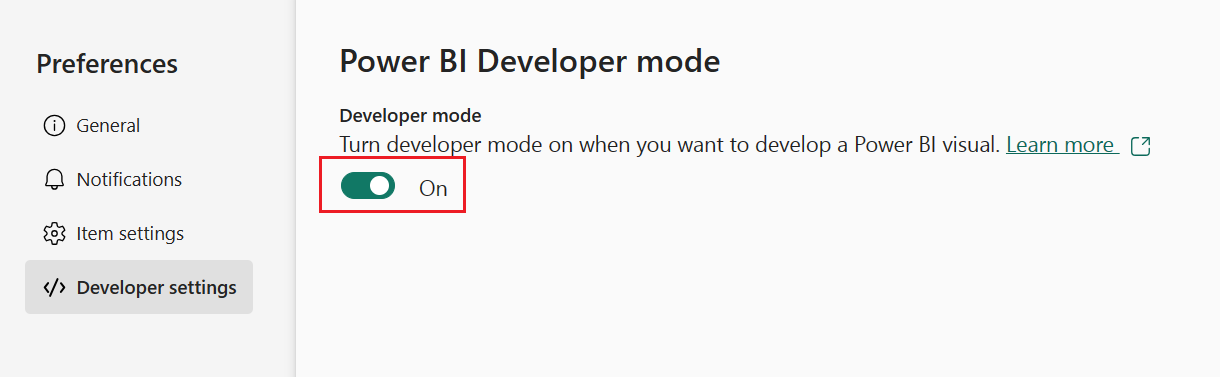Screenshot of the enable developer mode, in the Power BI settings, general tab.